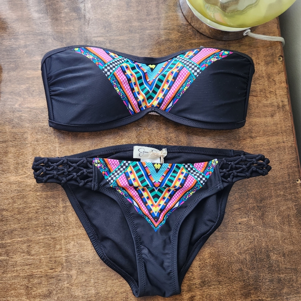 NWT Jessica Simpson black bandeau bikini with multicolor print size small